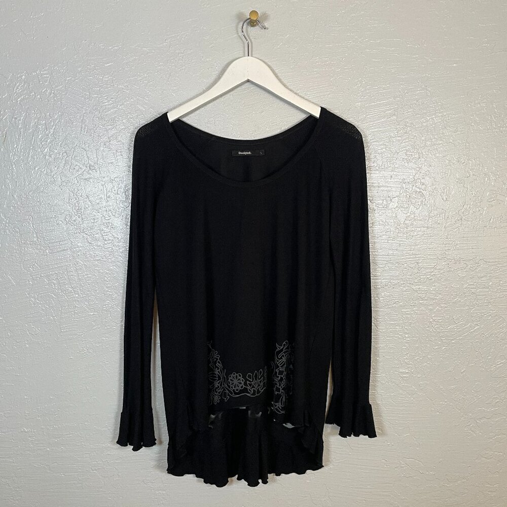 Desigual Women M Black Laser Cutout Blouse Flared Long Sleeve Art to Wear